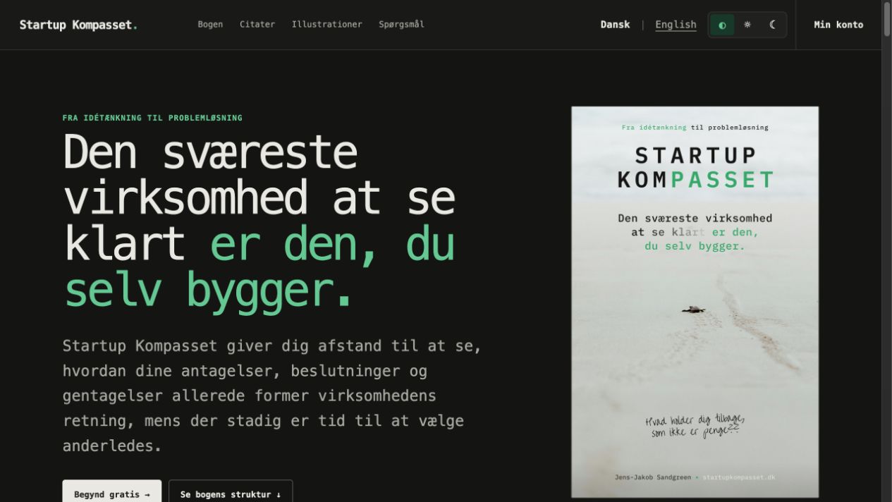 Skærmbillede af Startup Kompassets aktuelle forside med bogens omslag