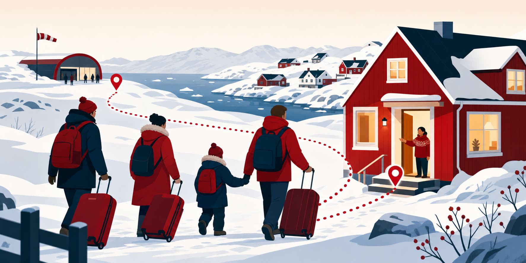 Illustreret konceptscenarie med strandede passagerer på vej til en lokal vært i Grønland